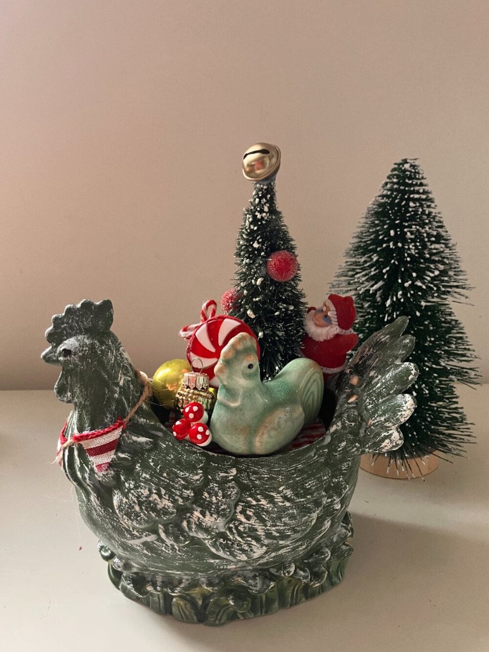 Vintage Christmas Hen Tabletop Decor with Vintage Accessories